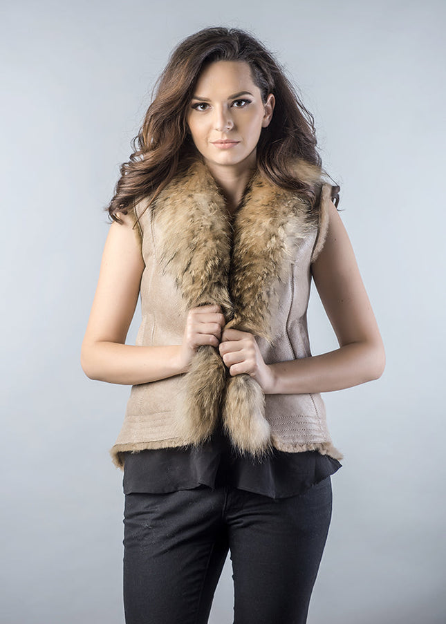 Beige Lamb Nappa Leather Vest with Raccoon Fur Detailing-2