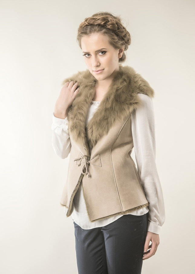 Beige Merino Fur Nappa Lamb Leather Vest-0