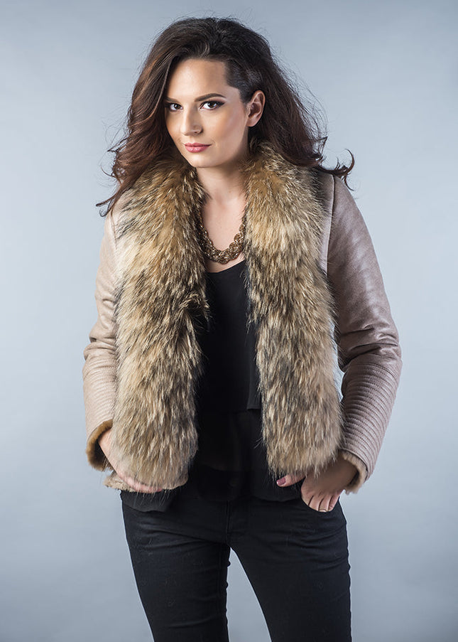 Beige Merino Shearling Jacket with Racoon Fur Collar-0