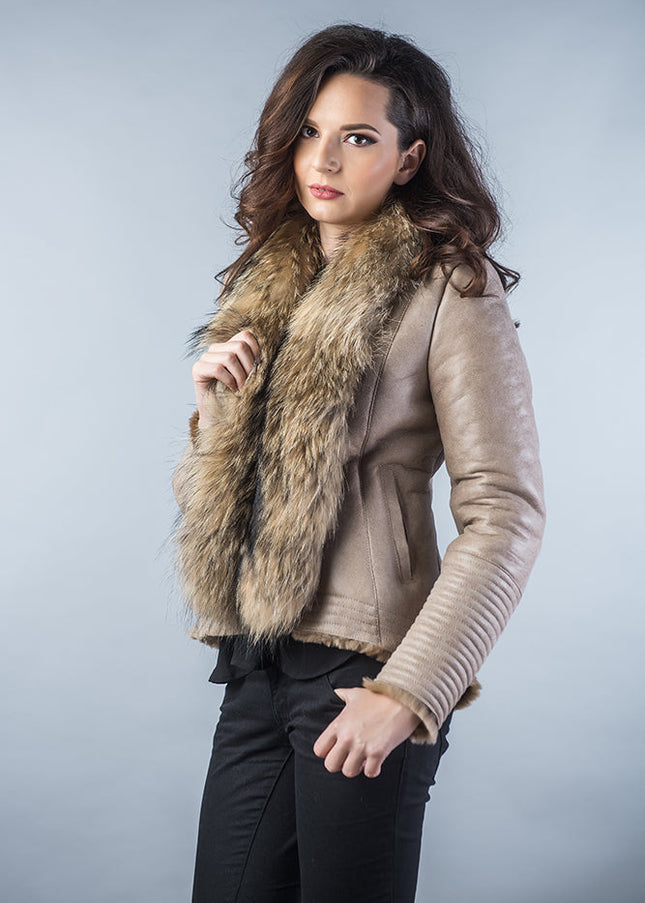 Beige Merino Shearling Jacket with Racoon Fur Collar-1