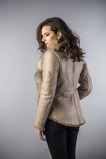 Beige Merino Shearling Jacket with Racoon Fur Collar-2