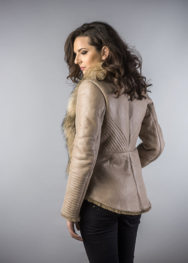 Beige Merino Shearling Jacket with Racoon Fur Collar-2