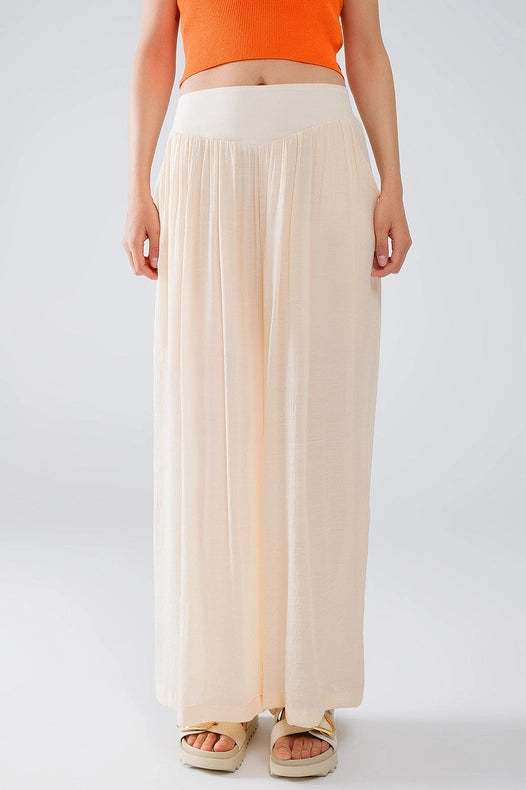 Beige Palazzo Style Pants with Side Pockets and Thick Waist Band