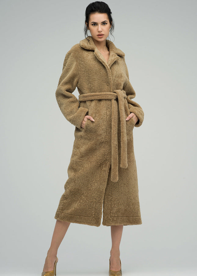 Beige Reversible Sheepskin Lamb Fur Maxi Coat-0