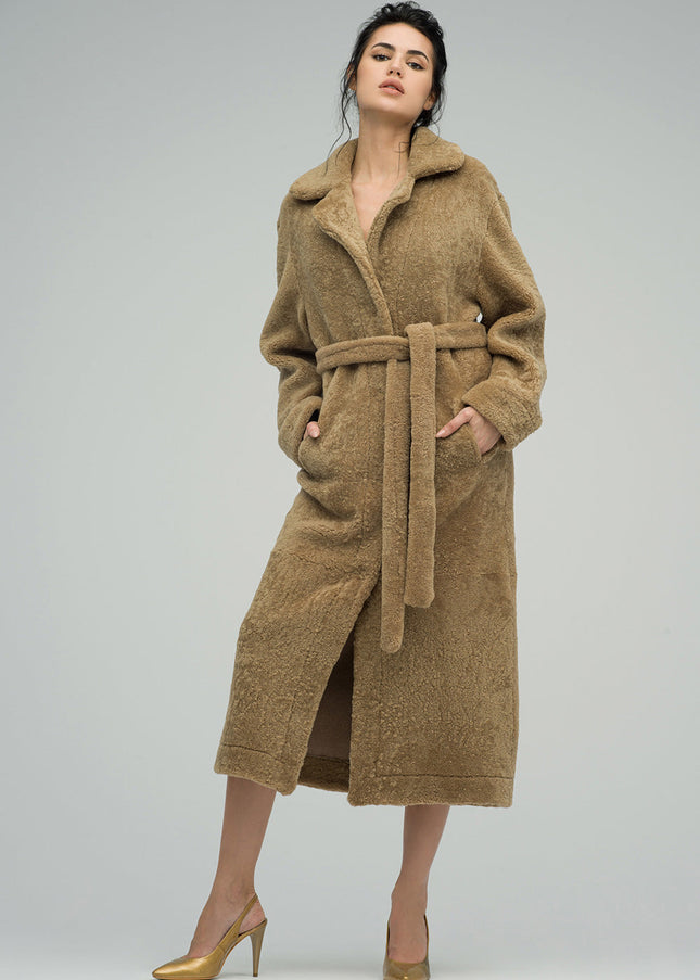 Beige Reversible Sheepskin Lamb Fur Maxi Coat-4