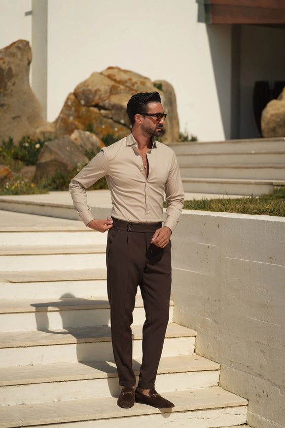 Beige Slim Fit Stretch Shirt