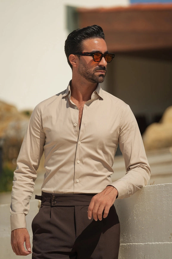 Beige Slim Fit Stretch Shirt