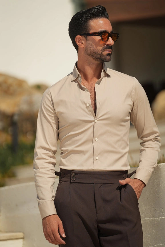 Beige Slim Fit Stretch Shirt