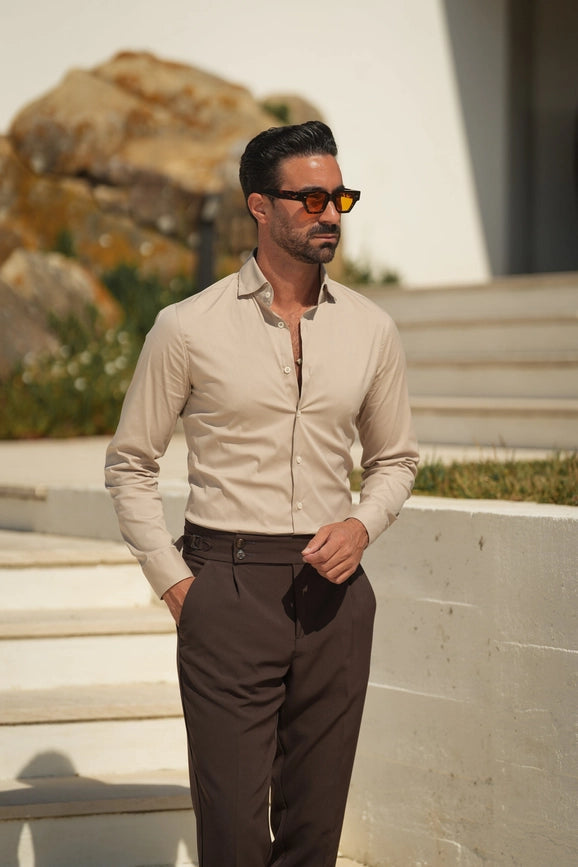 Beige Slim Fit Stretch Shirt