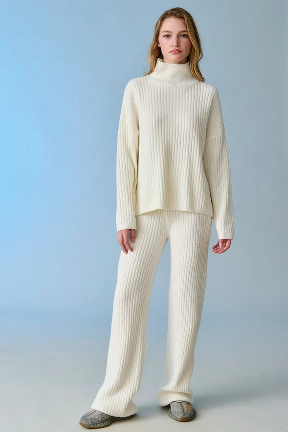 Bella Soft Rib Knit Top and Pants Set Cream