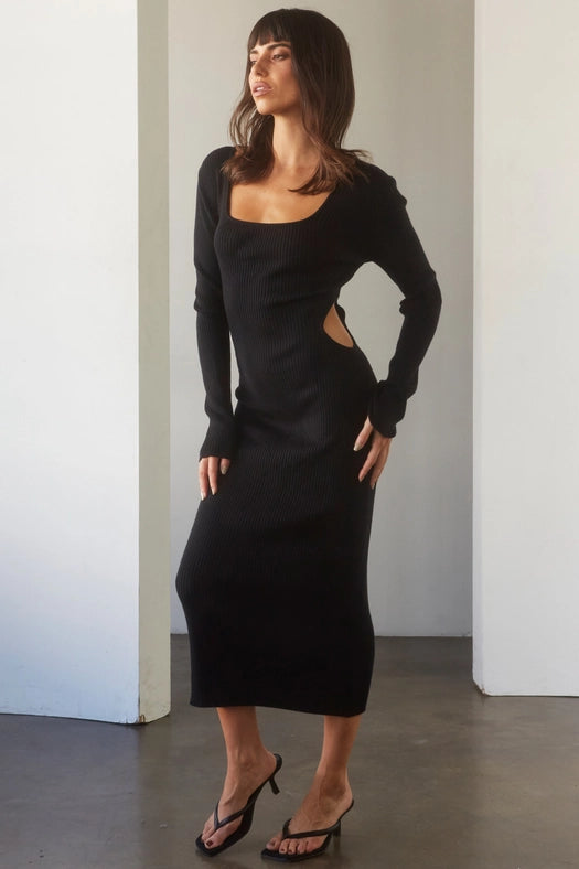 Bernie Side Cut-Out Knit Midi Dress BLACK