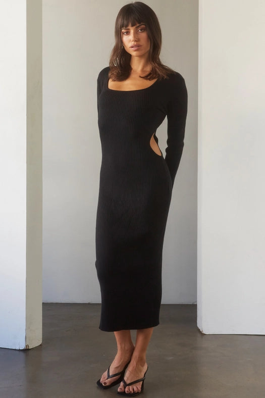 Bernie Side Cut-Out Knit Midi Dress BLACK