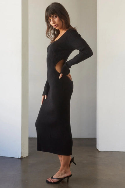 Bernie Side Cut-Out Knit Midi Dress BLACK