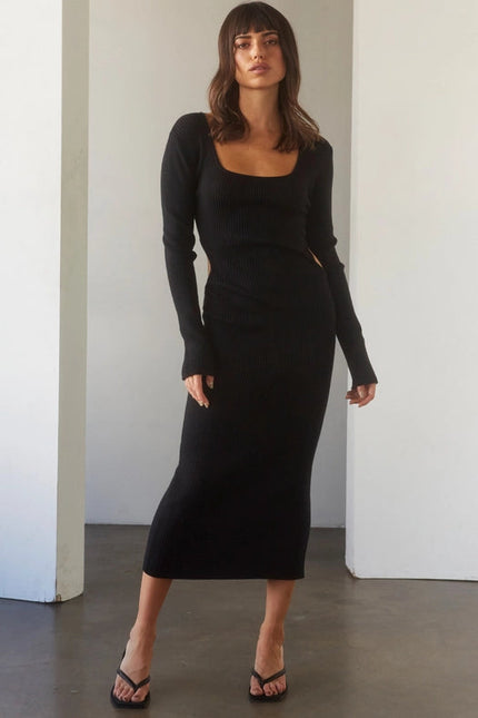 Bernie Side Cut-Out Knit Midi Dress BLACK