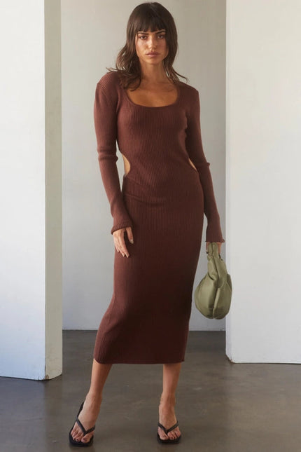 Bernie Side Cut-Out Knit Midi Dress CHOCO BROWN