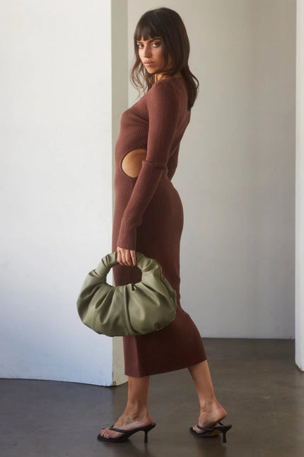 Bernie Side Cut-Out Knit Midi Dress CHOCO BROWN