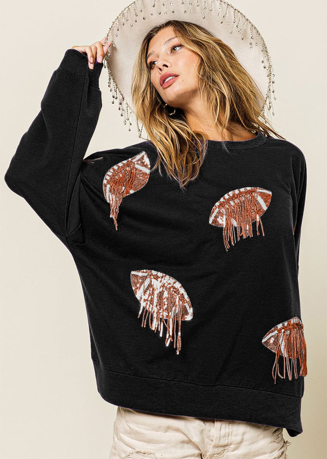 BiBi Sequin Fringe Football Patch Round Neck Sweatshirt