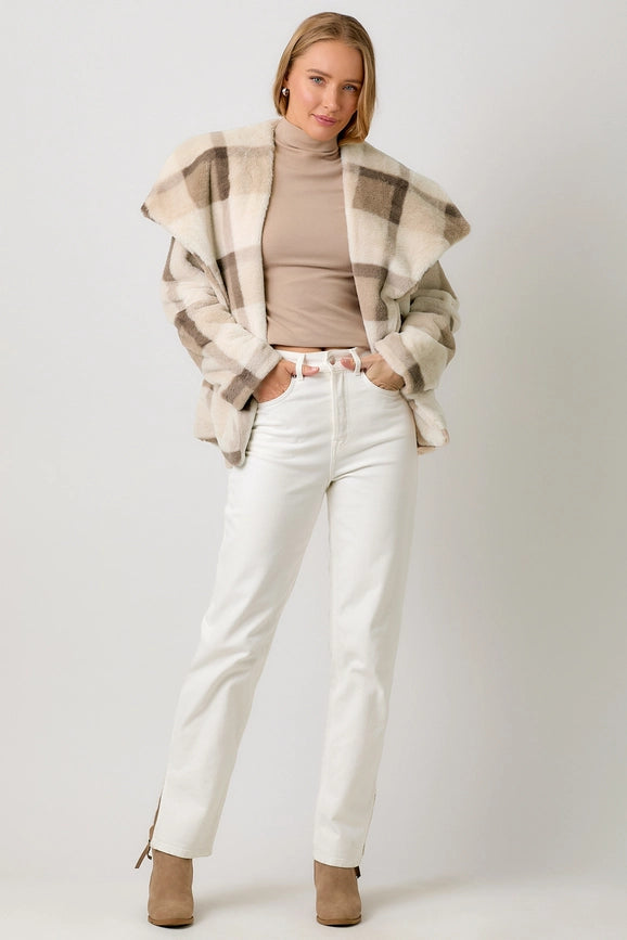 Big Lapel Collar Fur Jacket  Ivory/Stone