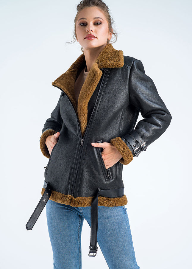 Black Biker Bomber Sheepskin Jacket with Cognac Shearling Fur-0