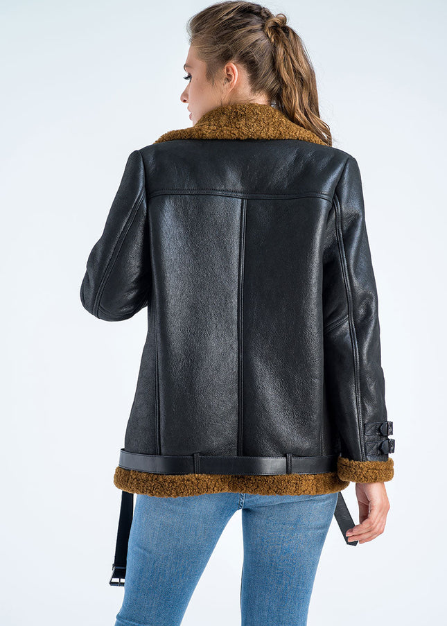 Black Biker Bomber Sheepskin Jacket with Cognac Shearling Fur-1