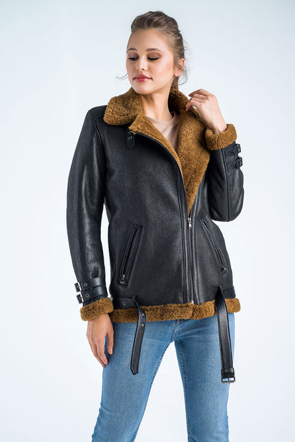 Black Biker Bomber Sheepskin Jacket with Cognac Shearling Fur-2