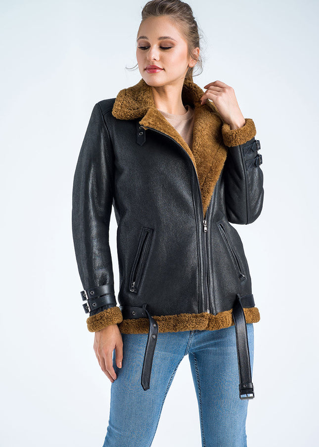 Black Biker Bomber Sheepskin Jacket with Cognac Shearling Fur-2