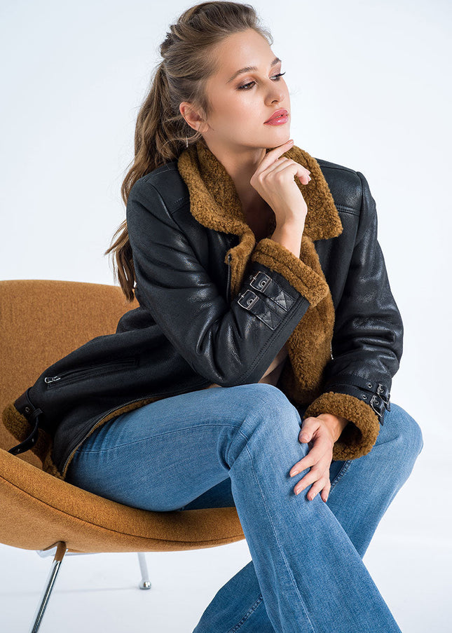 Black Biker Bomber Sheepskin Jacket with Cognac Shearling Fur-3