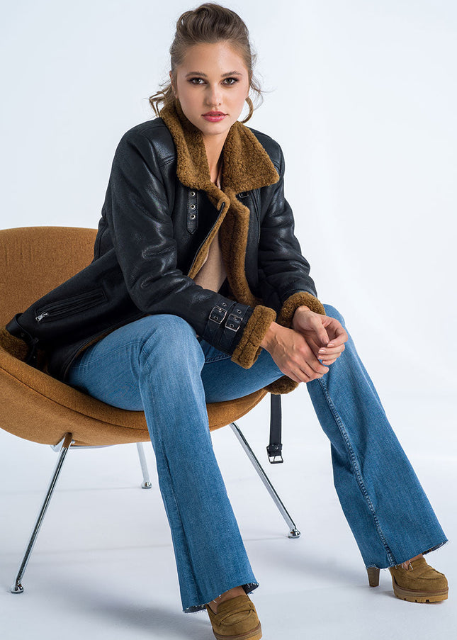 Black Biker Bomber Sheepskin Jacket with Cognac Shearling Fur-4