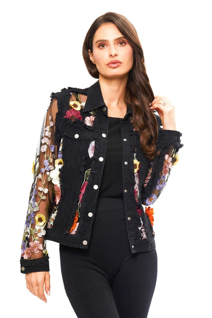 Black Denim Lace Jacket with Floral Embroidery