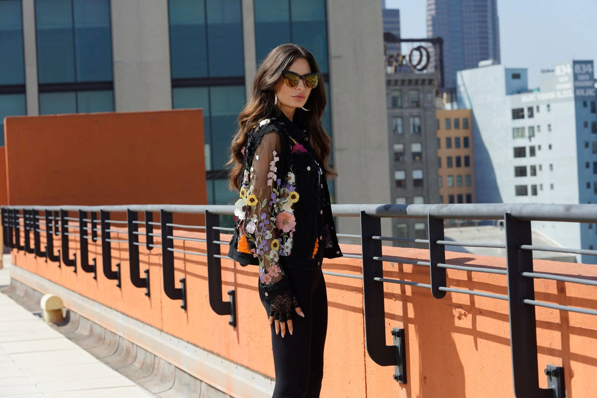 Black Denim Lace Jacket with Floral Embroidery