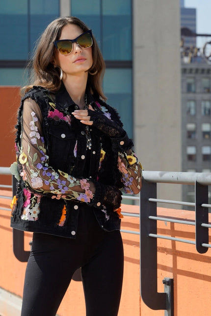 Black Denim Lace Jacket with Floral Embroidery