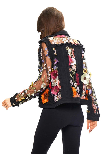 Black Denim Lace Jacket with Floral Embroidery