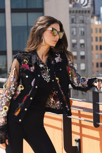 Black Denim Lace Jacket with Floral Embroidery