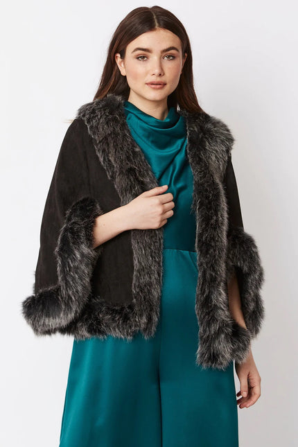 Black Faux Fur Suede Cape Jacket-0