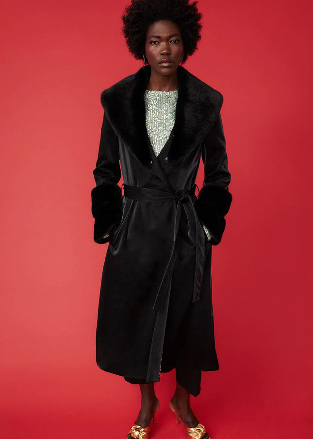 Black Faux Leather Trench Coat with Faux Fur Collar and Cuffs-1