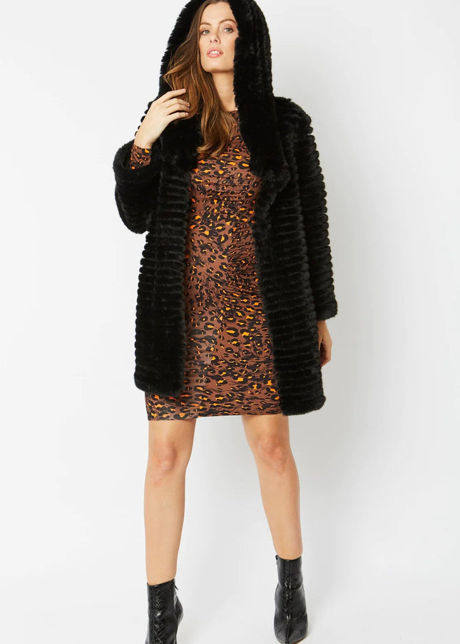 Black Faux Mink Fur Hooded Coat-1