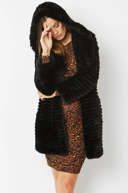 Black Faux Mink Fur Hooded Coat-2