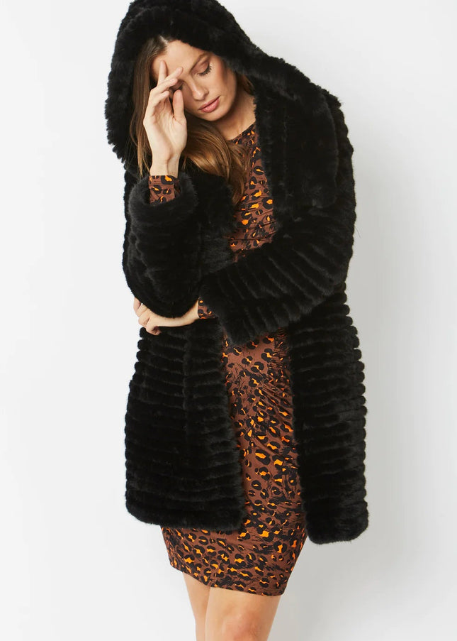 Black Faux Mink Fur Hooded Coat-2