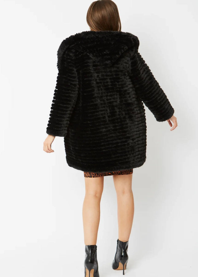 Black Faux Mink Fur Hooded Coat-3