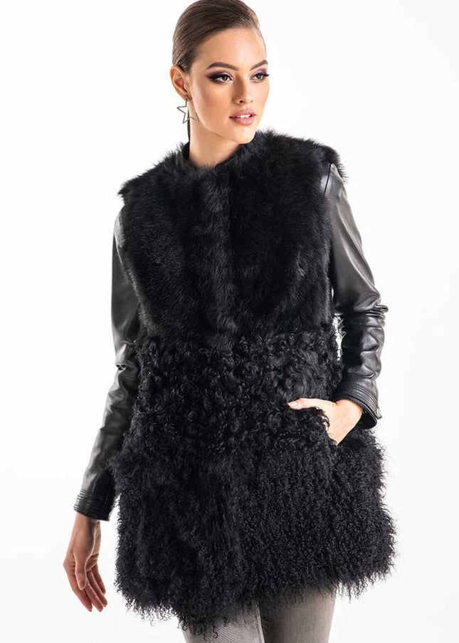 Black Geniune Sheepskin Fur Vest-0