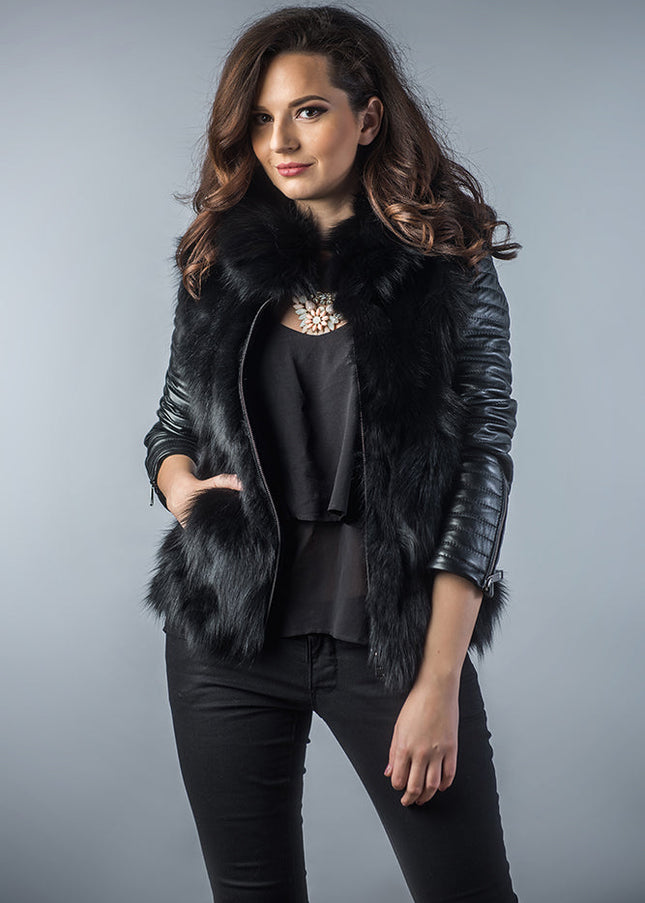 Black Genuine Arctic Fox Fur Lamb Nappa Leather Jacket-0