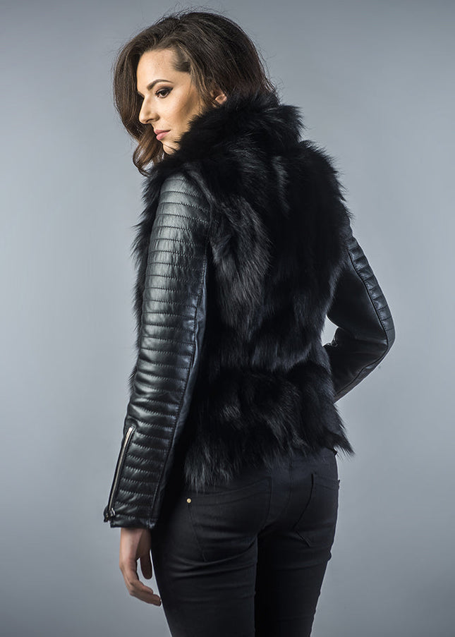 Black Genuine Arctic Fox Fur Lamb Nappa Leather Jacket-1