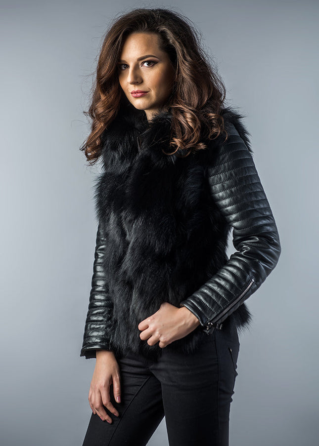 Black Genuine Arctic Fox Fur Lamb Nappa Leather Jacket-2