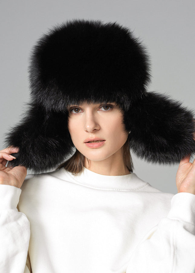 Black Genuine Arctic Fox Fur Sheepskin Hat-0