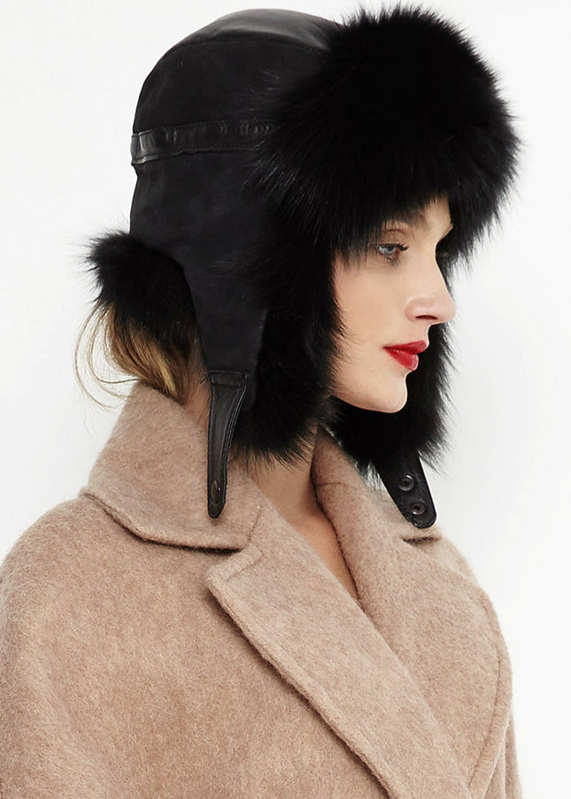 Black Genuine Arctic Fox Fur and Nappa Lamb Leather Hat-1