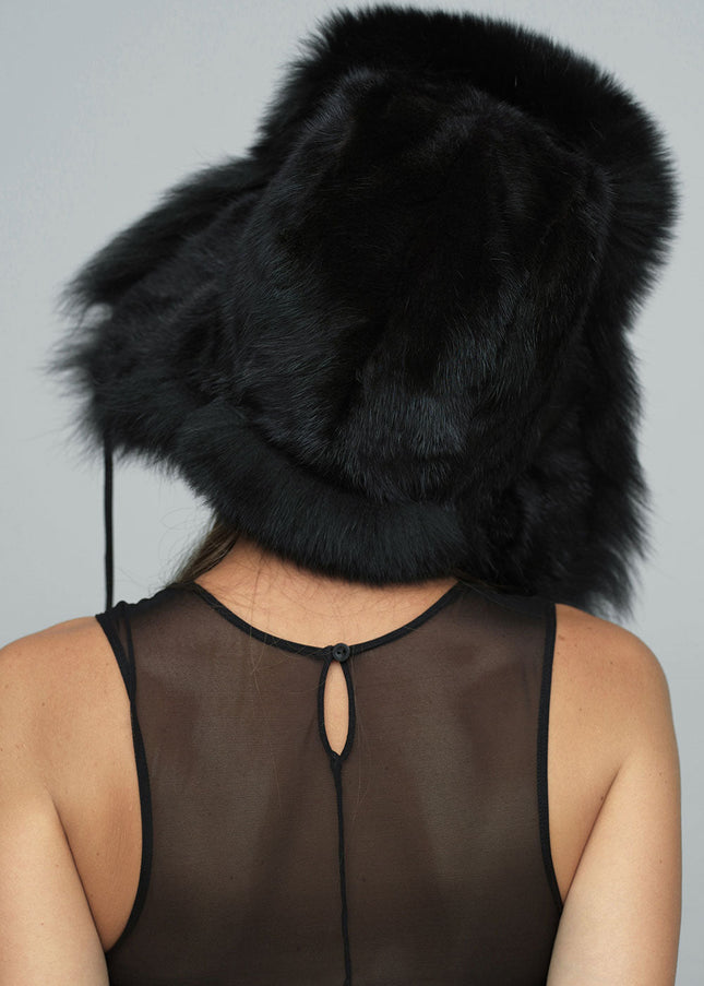 Black Genuine Arctic Fox and Mink Fur Hat-1