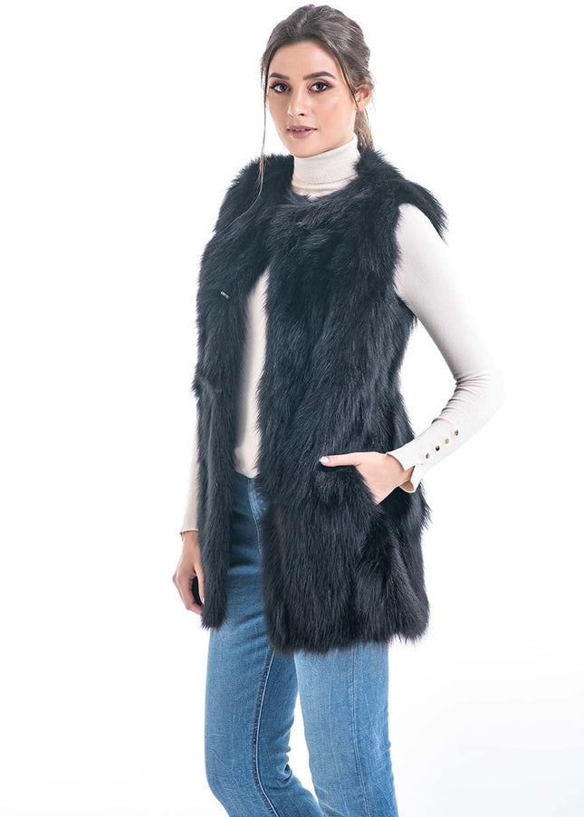 Black Genuine Fox Fur Vest-0