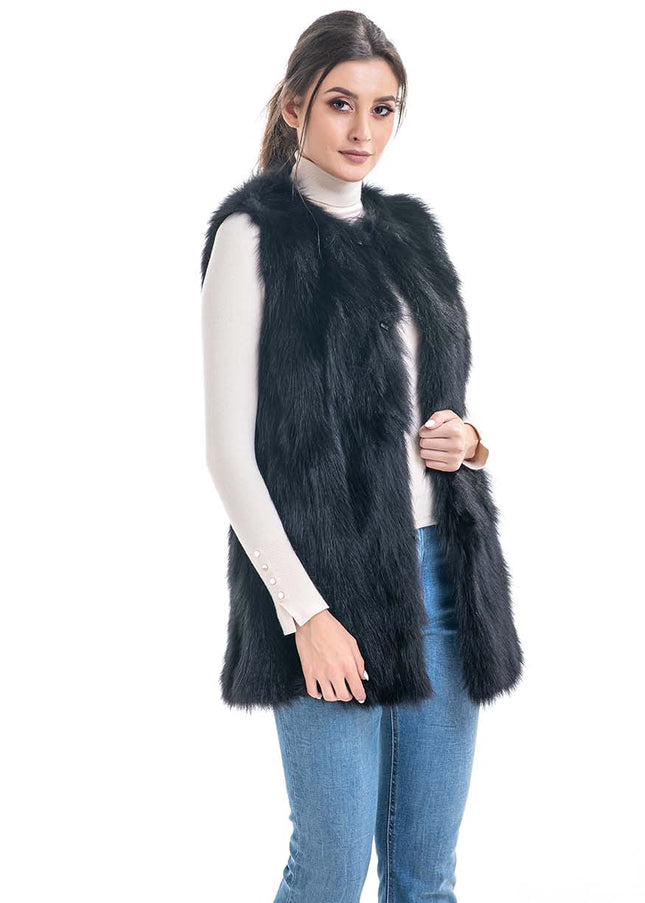 Black Genuine Fox Fur Vest-2