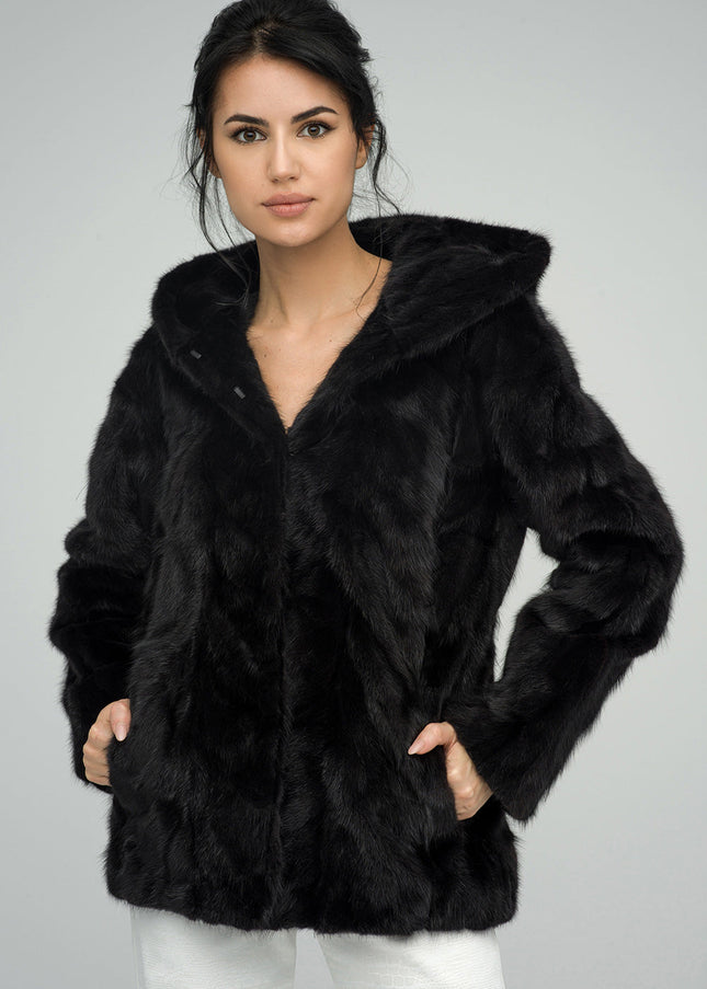 Black Genuine Hooded Mink Fur Coat-0