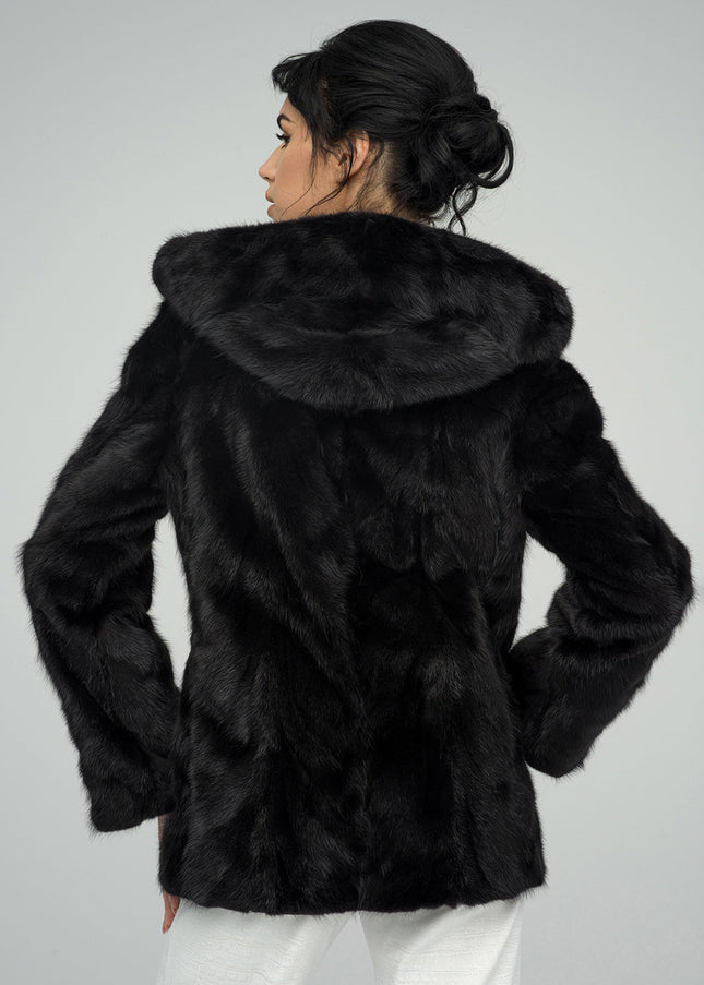 Black Genuine Hooded Mink Fur Coat-1